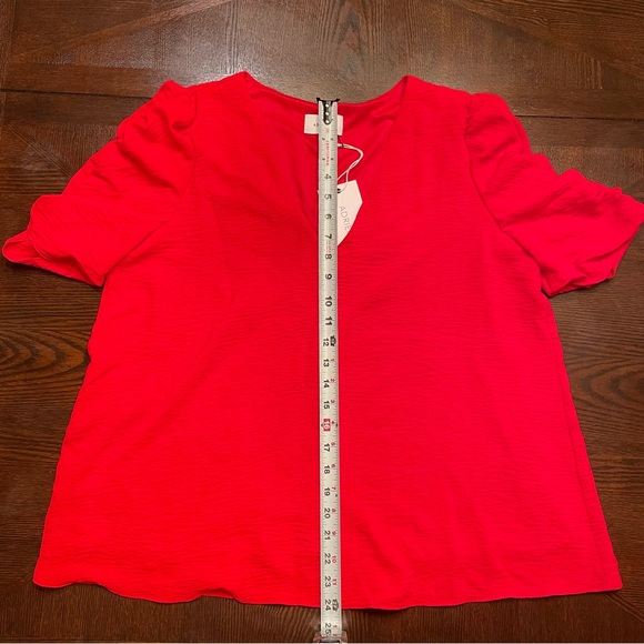 NWT Adrienne Red Ruched Sleeves V-Neck Top | Size Large - Picture 7 of 15